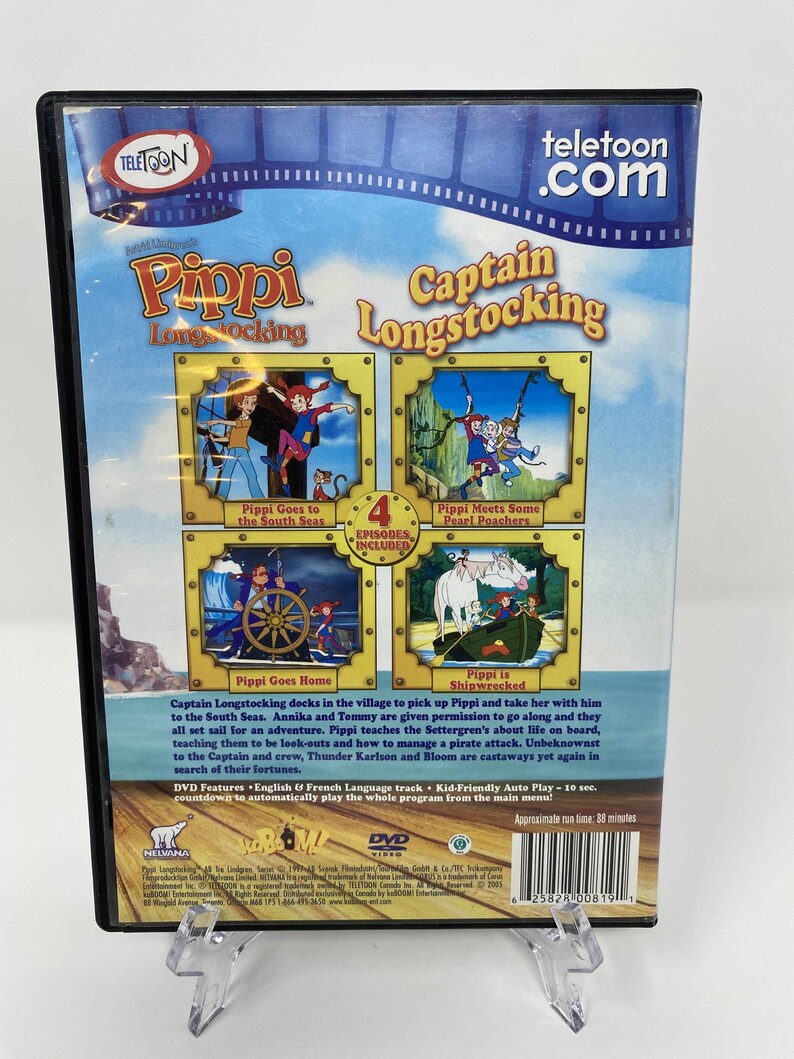 May include: DVD of the animated series "Pippi Longstocking" featuring "Captain Longstocking." The cover displays four episode titles with colorful illustrations. The DVD includes English and French language tracks and has a runtime of approximately 88 minutes.