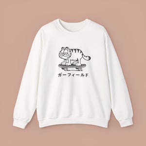 Sudadera vintage con diseño de gato Garfield, estilo skater japonés, regalo para amantes de los gatos con dibujos animados de anime, jersey retro de cuello redondo, ropa de calle, regalo para él y ella.