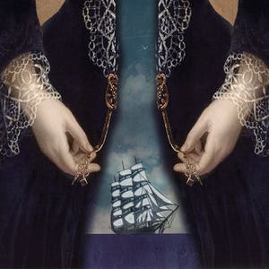 Ship Ocean Dress Nautical Portrait Blue Art Print Surreal Portrait Beach House Decor