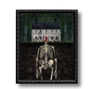 The House in the Woods Skeleton Surreal Art Pint Forest Halloween Southern Gothic Dark Academia Black Green Trees