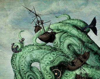 Octopus Shipwrecked Heart Anatomy Sea Serpent Nautical Portrait Green Print Art Surreal Home Decor Squid Tentacles Pirate