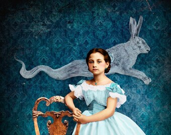 Ghost Rabbit Bunny Haunted House Print Art Portrait Blue Surreal Goth Halloween Spirits Southern Gothic