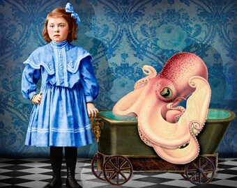 Pet Octopus Squid Ocean Nautical Print Digital Art Surreal Home Decor Beach House Blue Pink Girl Lovecraft Bathtub