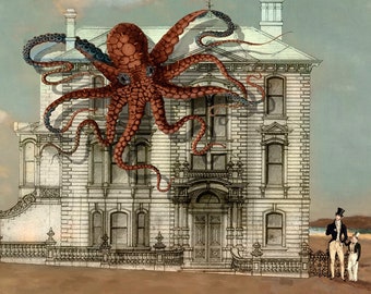 Octopus Nautical Beach Print Art Surreal Home Decor Ocean Sea Kraken House Victorian