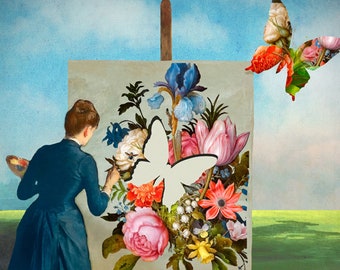 The Artist Butterflies Painting Art Print Surreal Unusual Portrait Natural History Curiosity Cabinet Butterfly Blue Flowers