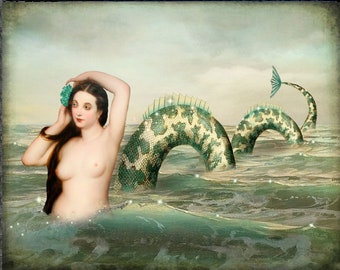 Sea Serpent Mermaid Nautical Portrait Green Print Art Surreal Home Decor Beach House Siren