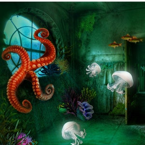 The Deep Room Nautical Green Print Art Surreal Underwater Octopus Jellyfish Fish Fantasy