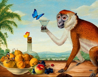 The Amusing Drinker Monkey Still Life Print Art Surreal Home Decor Natural History Butterfly Butterflies