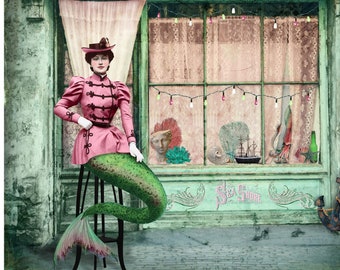 Mermaid Nautical Souvenir Shop Print Art Surreal Home Decor Green Pink Squid