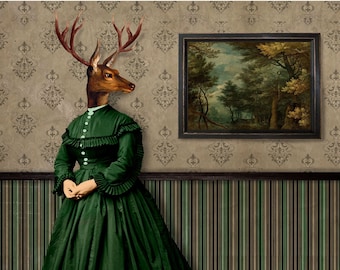 Deer Lady Portrait Print Art Surreal Home Decor Woodland Deer Stag Green  Forest Fairytale