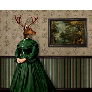 Deer Lady Portrait Print Art Surreal Home Decor Woodland Deer Stag Green  Forest Fairytale