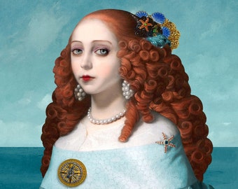 Sea Jewel Nautical Print Art Surreal Portrait Blue Ocean Mermaid Siren