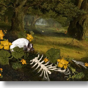 May include: A human skull and ribcage lay on the forest floor surrounded by green foliage and yellow flowers. The skull is facing left and the ribcage is facing right. The background is a forest with trees and a path.