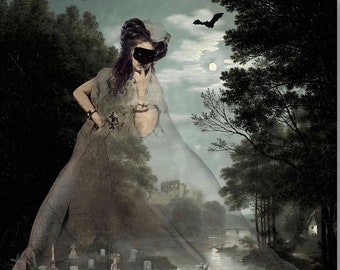 May include: A woman in a long, flowing gown stands in a misty forest. She wears a mask and her hair is styled in a bun. The forest is dark and mysterious, with trees and a river in the background. A full moon hangs in the sky.