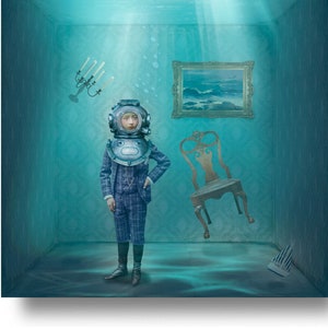 Diver Nautical Blue Print Art Surreal Home Decor Deep Sea Helmet Underwater
