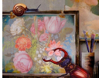 Beetle Snail Art Studio Insect Print Art Surreal Curiosity Cabinet Specimen Natural History Flowers