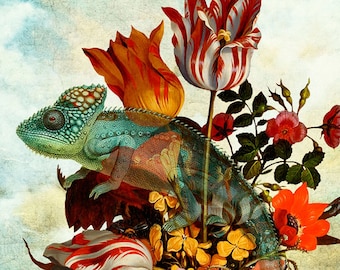 Still Life Flower Chameleon Green Art Print Surreal Fantasy Flowers Lizard Curiosity Cabinet