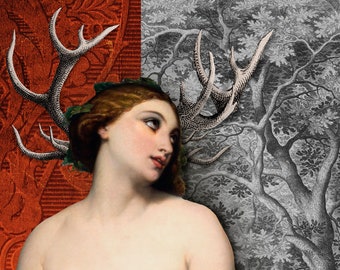 Artemis Diana Antlers Stag Print Art Surreal Home Decor Woodland Forest Greek Goddess Mythology