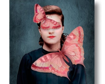 Mariposa Pink Butterfly Portrait Print Art Blue Surreal Moth Blue