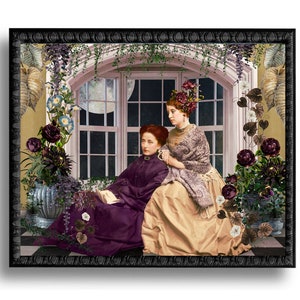 Midnight Garden Flowers Greenhouse Portrait Green Art Print Surreal Conservatory Southern Gothic Purple Roses