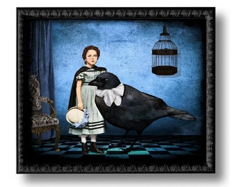 Crow And Girl Print Art Print Blue Black Nocturnal Nursery Surreal Home Decor Goth Halloween Raven Portrait