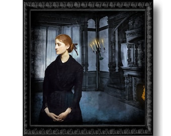 Haunted House Ghost Print  Art Surreal Home Decor Halloween Portrait Darkness Candle Gothic Blue Dark Academia