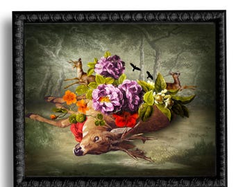 De jacht stilleven bos hert bos portret Art Print surrealistisch hert gewei schedel Dark Academia Halloween