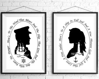 The Sailor and the Girl Nautical Silhouette Print Set Pirate Ship Black and White Beach House Decor Ocean Lighthouse