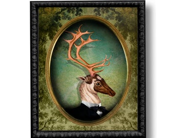 Wendigo Antlers Deer Woodland Portrait Art Print Surreal Stag Antlers Skull