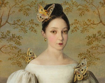 Moths of Gold Butterfly Portrait Print Art Yellow White Surreal Home Decor Golden