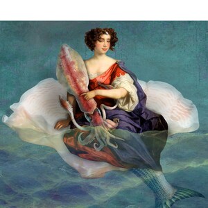 Syrena Squid Shell Blue Print Art Surrealistyczny wystrój domu Dom na plaży
