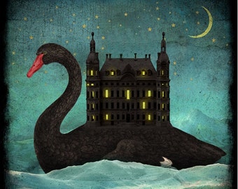 Black Swan Castle Print Art Night Sky Blue Black Surreal Home Decor