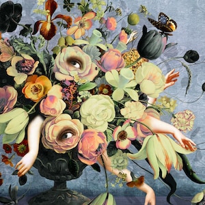Still Life Flowers Eyes Pink Blue Black Art Print Surreal Goth Southern Gothic Unusual Lover&#39;s Eye