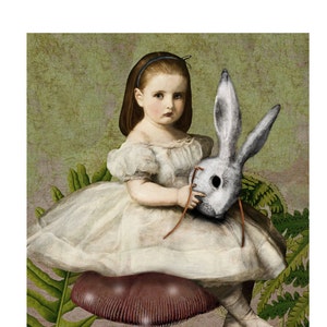 Alice in Wonderland Print Art White Rabbit Mask Green Grey Pink Surreal Home Decor Lewis Carroll