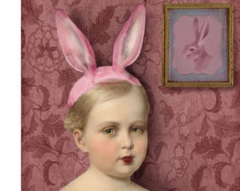 Pink Bunny Girl Portrait Print Art Pink Surreal Home Decor Rabbit Hare