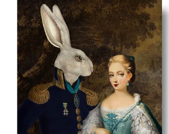 The Rabbit's Bride Portrait Print Art Surreal Home Decor Rabbit Bunny Hare Brown Blue