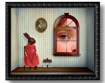 Dollhouse Print Art Rabbit Hare Bunny Surreal Blue Nursery Doll