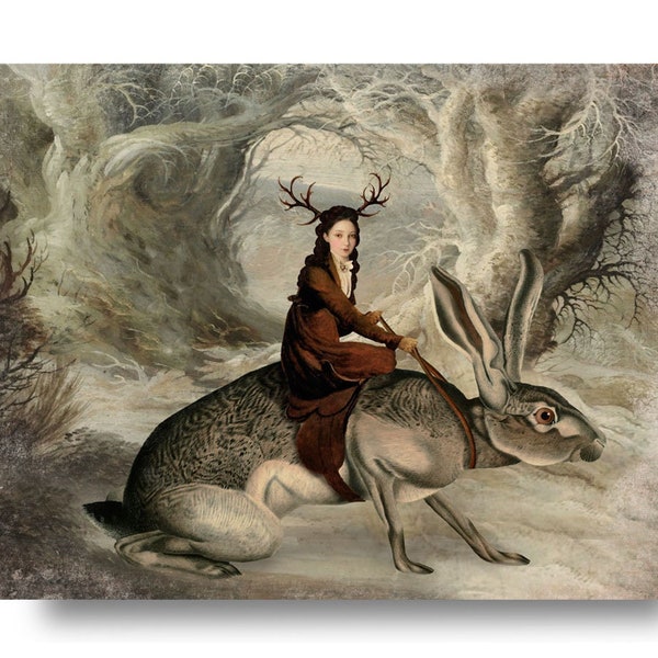 Rabbit Rider Print Art White Brown Surreal Home Decor Bunny Hare Antlers Winter Woods