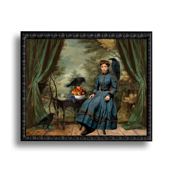 Midnight Picnic Crows and Girl Print Art Print Blue Black Surreal Goth Halloween Ravens Portrait Dark Academia