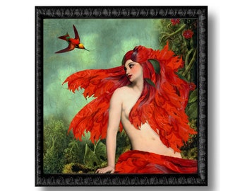 Flower Portrait Hummingbird Woodland Print Art Surreal Red Green Unusual Floral Flowers