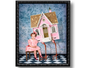 Baba Yaga Dollhouse Little Girl Pink Print Art Surreal Home Decor Literature Portrait