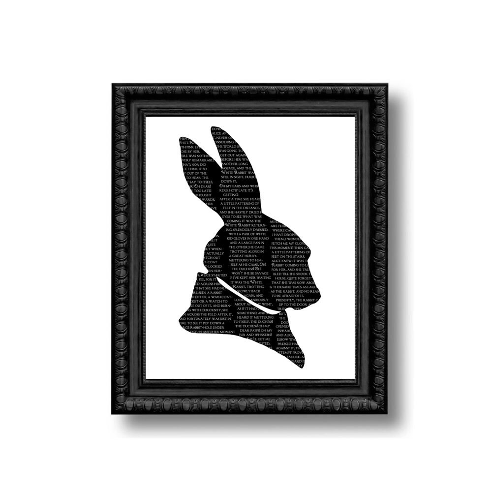 White Rabbit Alice in Wonderland Silhouette Print Black and White
