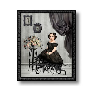 Octavia Macki ośmiornicy Kalmary Syrena morska Syrena Morski portret Czarno-biały wydruk sztuka surrealistyczny wystrój domu Lovecraft Gotycki