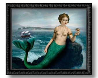 Mermaid Sea Queen Print Art Surreal Home Decor Beach House Nautical Blue Green Ocean