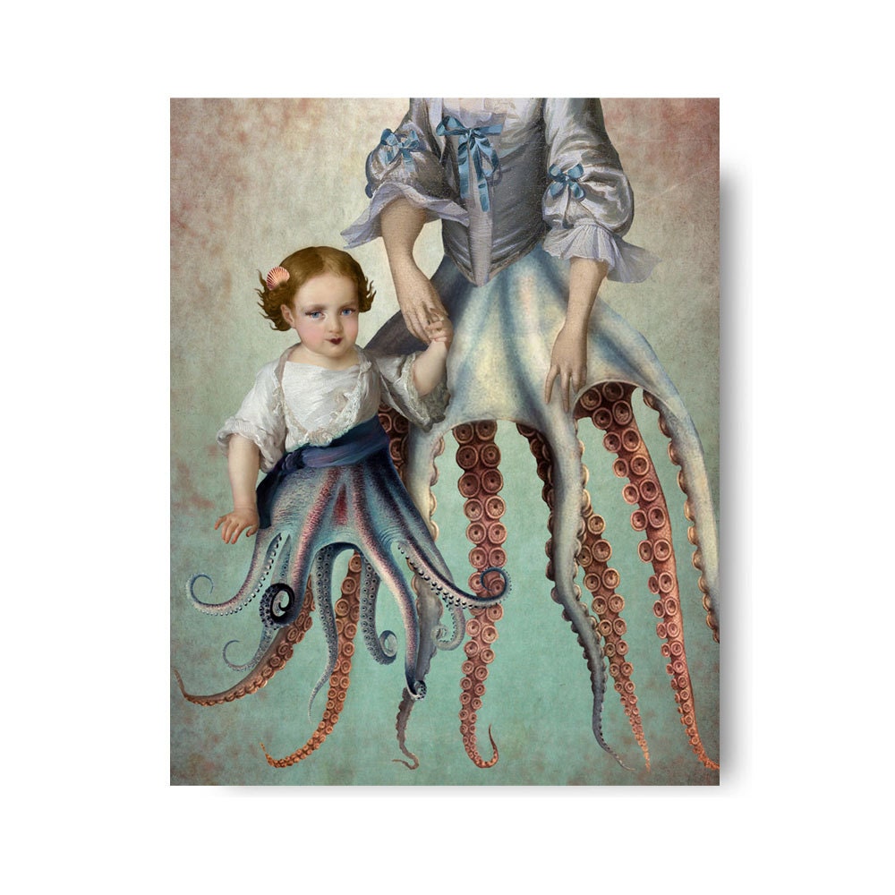 Octopus Siren Mermaid Nautical Portrait Blue Pink Print Art Surreal Home Decor Beach House Squid Lovecraft Governess