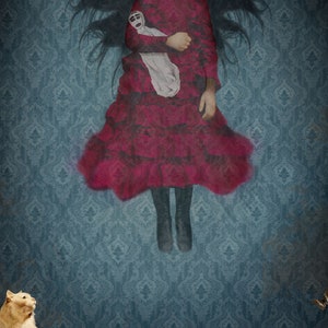 May include: A young girl in a red dress with a doll in her arms is floating in mid-air against a blue and white patterned background. A white cat and a butterfly are visible in the lower corners of the image.