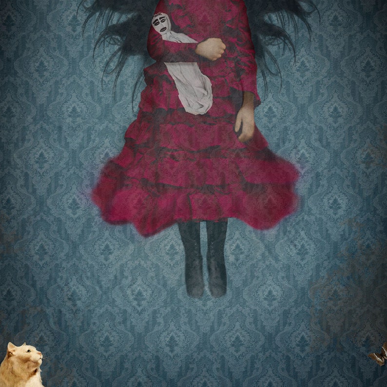 May include: A young girl in a red dress with a doll in her arms is floating in mid-air against a blue and white patterned background. A white cat and a butterfly are visible in the lower corners of the image.