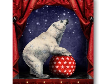 Polar Bear Ursa Major Star Circus Constellation Print Art Night Sky Red White Surreal Home Decor Astronomy Celestial Theater