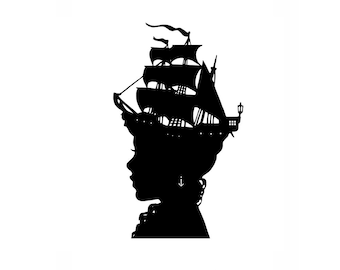 The Captain&#39;s Wife Nautical Silhouette Print Pirate Ship Black and White Beach House Decor
