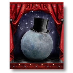 Moon Circus Print Art Night Sky Red Grey Surreal Home Decor Astronomy Celestial Theater